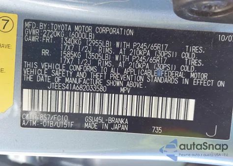 2008 Toyota Highlander z USA, uszkodzony, nr VIN JTEES41A682033580